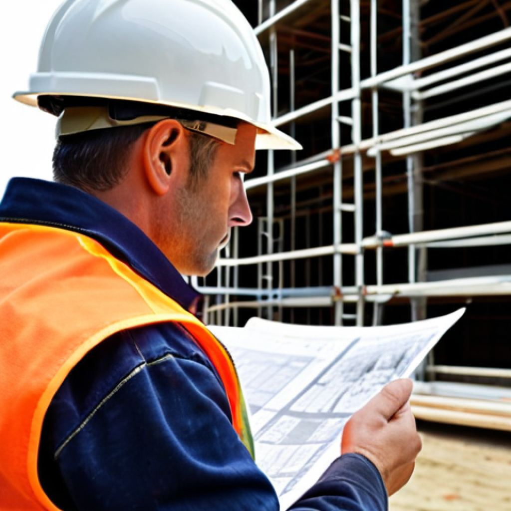 **

Construction site safety engineer meticulously reviewing blueprints, wearing a hard hat and safety vest. Background: construction workers and scaffolding. Focus on safety protocols and planning.

**