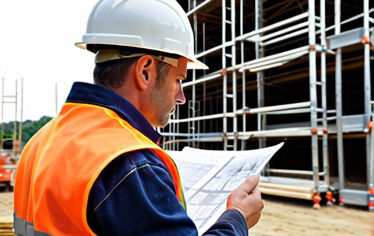 **

Construction site safety engineer meticulously reviewing blueprints, wearing a hard hat and safety vest. Background: construction workers and scaffolding. Focus on safety protocols and planning.

**