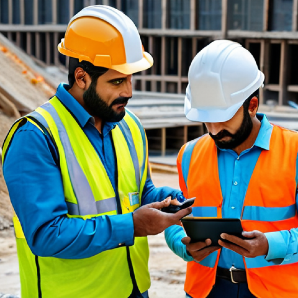 **

"A construction site scene in Pakistan, displaying workers fully clothed in appropriate safety gear (hard hats, vests), actively using digital tools like a drone and tablets for site monitoring, appropriate content, safe for work, professional, perfect anatomy, correct proportions, well-formed hands, natural pose, high quality."

**