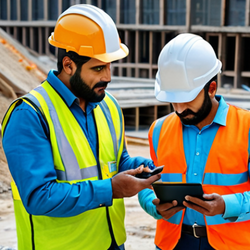 Home 27 **
"A construction site scene in Pakistan, displaying workers fully clothed in appropriate safety gear (hard hats, vests), actively using digital tools like a drone and tablets for site monitoring, appropriate content, safe for work, professional, perfect anatomy, correct proportions, well-formed hands, natural pose, high quality."
**