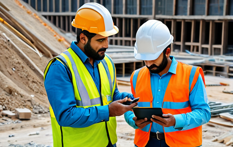 **

"A construction site scene in Pakistan, displaying workers fully clothed in appropriate safety gear (hard hats, vests), actively using digital tools like a drone and tablets for site monitoring, appropriate content, safe for work, professional, perfect anatomy, correct proportions, well-formed hands, natural pose, high quality."

**