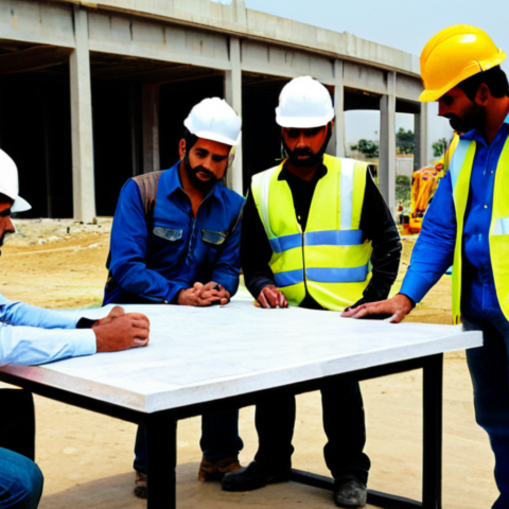 Construction Site Safety Meeting**

"A diverse group of construction workers, fully clothed in appropriate safety gear (hard hats, vests, boots), gathered around a table at a construction site in Karachi, Pakistan. They are reviewing safety protocols with a supervisor. Background: a partially constructed building and construction equipment. Safe for work, appropriate content, professional environment, perfect anatomy, correct proportions, well-formed hands, modest clothing, family-friendly."

**