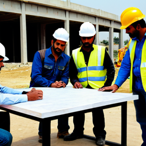 Home 26 Construction Site Safety Meeting**
"A diverse group of construction workers, fully clothed in appropriate safety gear (hard hats, vests, boots), gathered around a table at a construction site in Karachi, Pakistan. They are reviewing safety protocols with a supervisor. Background: a partially constructed building and construction equipment. Safe for work, appropriate content, professional environment, perfect anatomy, correct proportions, well-formed hands, modest clothing, family-friendly."
**