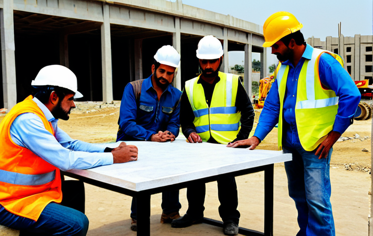 Construction Site Safety Meeting**

"A diverse group of construction workers, fully clothed in appropriate safety gear (hard hats, vests, boots), gathered around a table at a construction site in Karachi, Pakistan. They are reviewing safety protocols with a supervisor. Background: a partially constructed building and construction equipment. Safe for work, appropriate content, professional environment, perfect anatomy, correct proportions, well-formed hands, modest clothing, family-friendly."

**