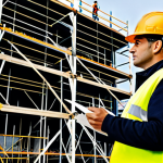 **

A construction site safety engineer, fully clothed in appropriate professional attire (hard hat, safety vest), inspecting scaffolding.  Background shows a busy construction site with workers and equipment.  Ensure perfect anatomy, correct proportions, and a natural pose. Safe for work, appropriate content, professional setting, modest. High quality photo.

**
