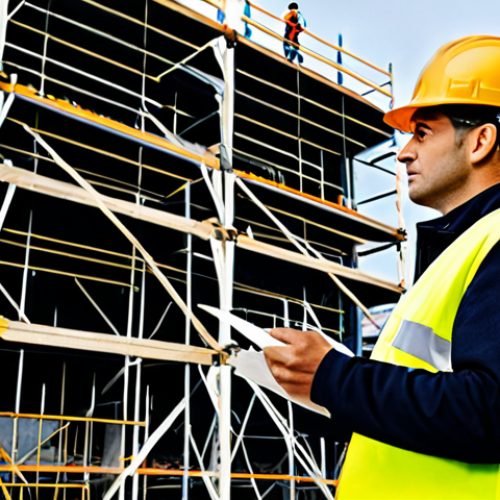 Home 25 **
A construction site safety engineer, fully clothed in appropriate professional attire (hard hat, safety vest), inspecting scaffolding. Background shows a busy construction site with workers and equipment. Ensure perfect anatomy, correct proportions, and a natural pose. Safe for work, appropriate content, professional setting, modest. High quality photo.
**