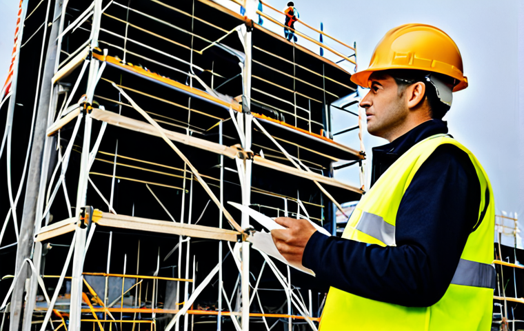 **

A construction site safety engineer, fully clothed in appropriate professional attire (hard hat, safety vest), inspecting scaffolding.  Background shows a busy construction site with workers and equipment.  Ensure perfect anatomy, correct proportions, and a natural pose. Safe for work, appropriate content, professional setting, modest. High quality photo.

**